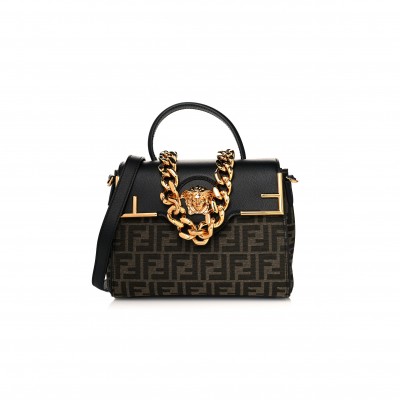FENDI X VERSACE GRAINED CALFSKIN FENDACE  LA MEDUSA TOP HANDLE BAG BLACK BROWN (25*22*15cm) 